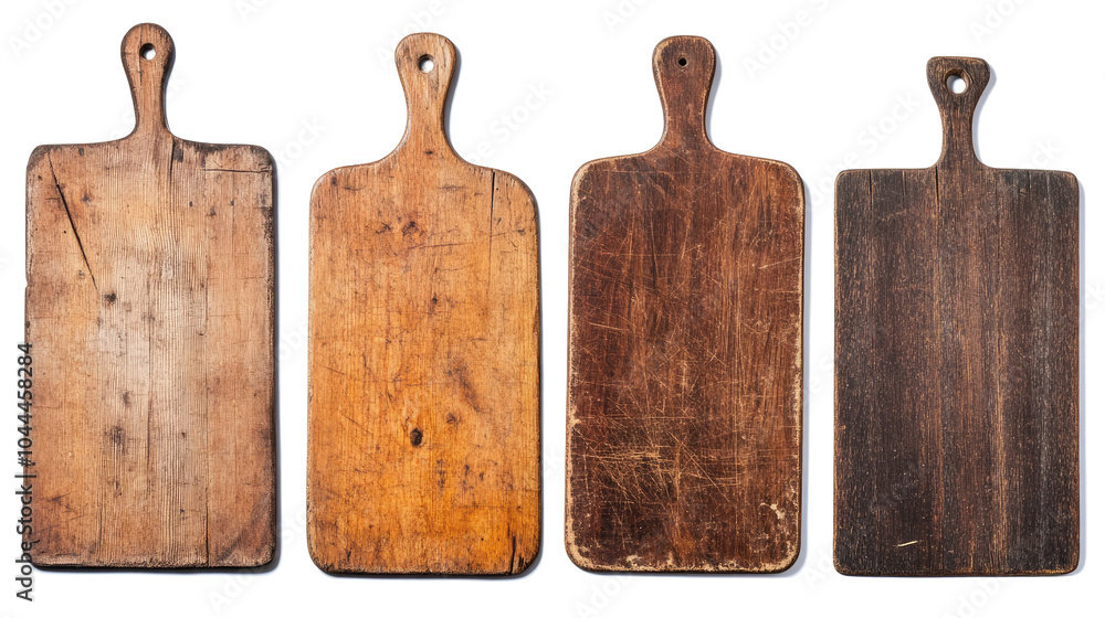 Poster set of four rustic wooden cutting boards on a transparent background generative ai