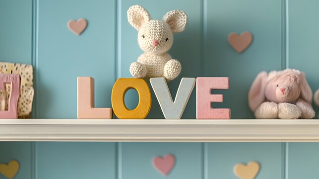 text - "LOVE" spelled out with alphabet blocks on a nursery shelf