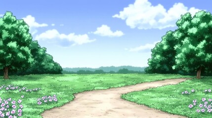 A tranquil anime countryside with a small road winding through fields of flowers and trees, stretching toward the horizon under soft skies.