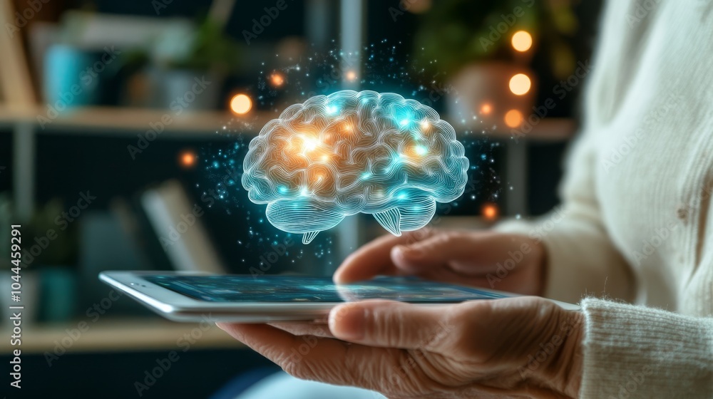 Poster a person interacts with a smartphone, illustrating a digital brain concept, symbolizing technology's