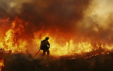 A firefighter battling a raging wildfire amidst intense flames and smoke.