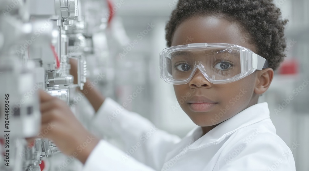 Poster young african american boy in lab coat working on robotics project in modern laboratory