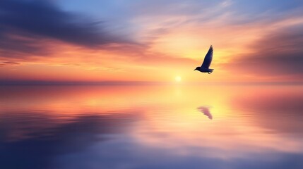 A serene sunset over calm waters with a bird flying, evoking tranquility and nature's beauty.