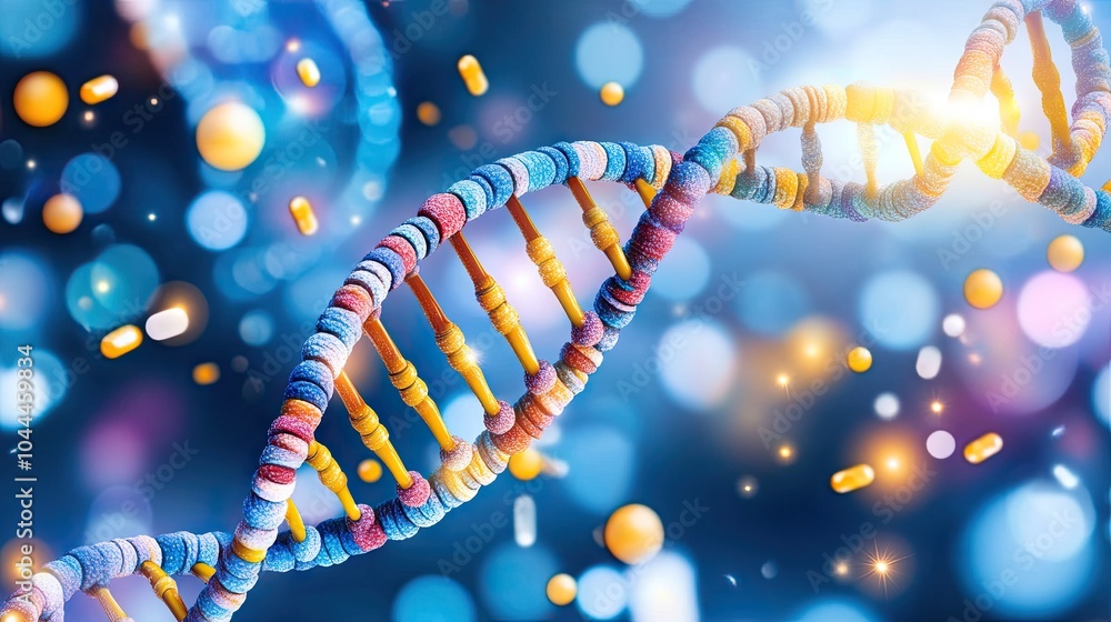 Poster abstract representation of a dna molecule, twisting and rotating in space, surrounded by glowing par