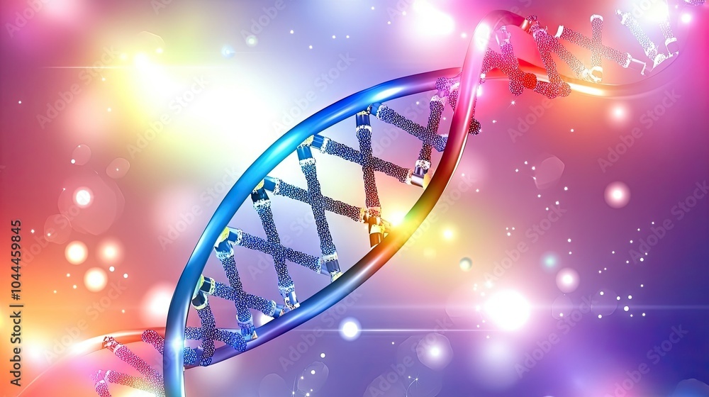 Poster abstract dna helix floating in space, with a glowing, neon-blue structure and tiny particles swirlin