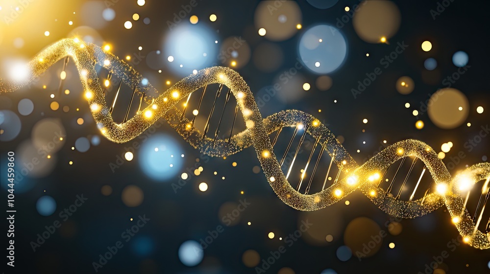 Poster abstract representation of a dna molecule, twisting and rotating in space, surrounded by glowing par