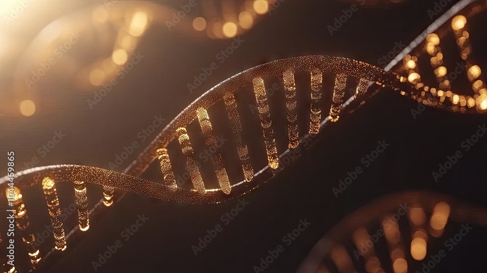 Poster abstract representation of a dna molecule, twisting and rotating in space, surrounded by glowing par