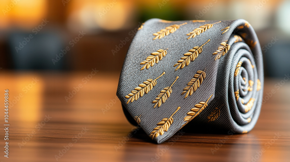 Poster elegant tie with subtle wheat and leaf design, rolled on wooden surface, showcasing its intricate pa