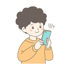 Cute Boy Cartoon Character Playing Gadget with Smile Expression