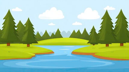 An anime-style small river scene with crystal-clear water, vibrant green trees, and soft clouds, perfect for a peaceful, cartoonish landscape.