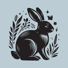 Rabbit black silhouette isolated on a white background. Rabbit illustration design.
