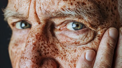 Elderly man with dark brown spots on his face touching the area of freckles, close-up photo. Skincare concept and skin care products for men's healthy old age portrait. Close-up focus on wrinkles