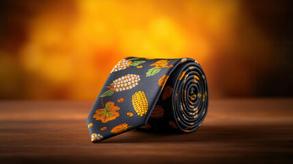 vibrant tie featuring playful illustrations of corn and turkey, perfect for festive occasions. warm colors and unique design add cheerful touch to any outfit