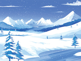 Winter Landscape with Mountains on the Background, Snowy Riverside Scenery