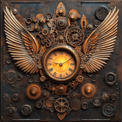 A vibrant steampunk card with intricate gears, pipes, and machinery, all in bronze and copper hues. A glowing clock at the center with mechanical wings stretching outward, symbolizing time in motion.
