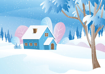 House on hill with snowflakes falling from sky. Cottage in the middle of snowy landscape, winter scenery vector illustration with pine forest on the background.