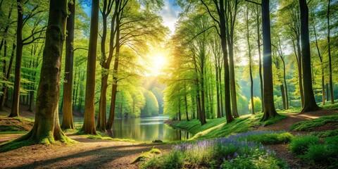 Obraz premium Serene woodland scenery with wide reaching vista