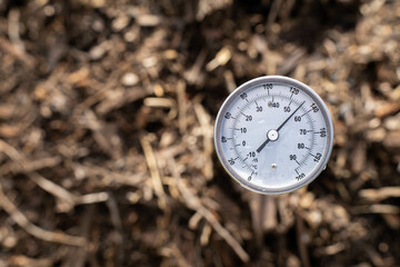 measuring the temperature of a Compost pile, organic thermophilic compost turning in Tasmania...