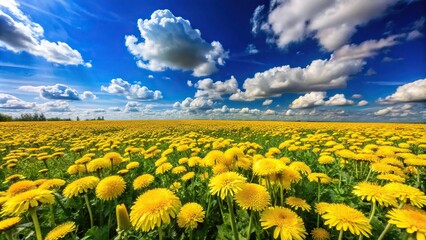 Obraz premium Serene yellow dandelion field under a clear blue sky with white clouds floral bliss in nature high angle