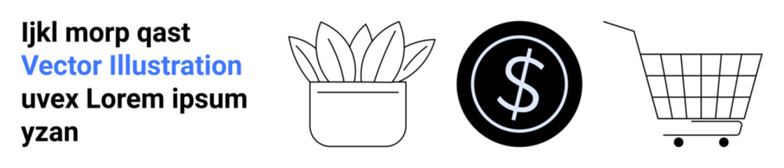 Icons featuring a potted plant, a dollar sign, and a shopping cart. Ideal for e-commerce, online shopping, retail, finance, and marketing themes. Banner for landing page