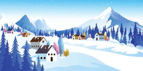 The exquisite snowy countryside, fringed by majestic mountains that nestle in the backdrop. The expansiveness of the snow-filled landscape wit charming country houses.