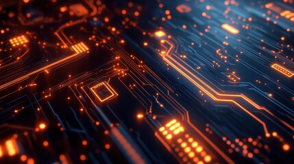 Fototapeta premium A digital background of a glowing circuit board with intricate pathways and bright LED-like lights, symbolizing modern technology and computing power