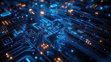Obraz premium A digital background of a glowing circuit board with intricate pathways and bright LED-like lights, symbolizing modern technology and computing power