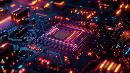 Obraz premium circuit board with intricate pathways and bright LED-like lights, symbolizing modern technology and computing power