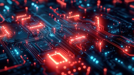 circuit board with intricate pathways and bright LED-like lights, symbolizing modern technology and computing power