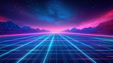 neon blue and purple lines, giving the appearance of a virtual reality landscape, ideal for gaming or futuristic themes