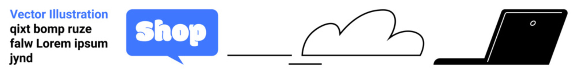 Laptop with cloud connected to a speech bubble with Shop. Ideal for e-commerce, online shopping, technology, cloud services, and digital marketing. Banner for landing page