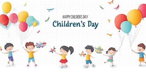 Children's Day postcard with flying balloons bunch and gift box on blue sky background.