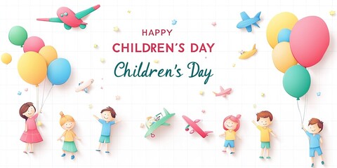 Children's Day postcard with flying balloons bunch and gift box on blue sky background.