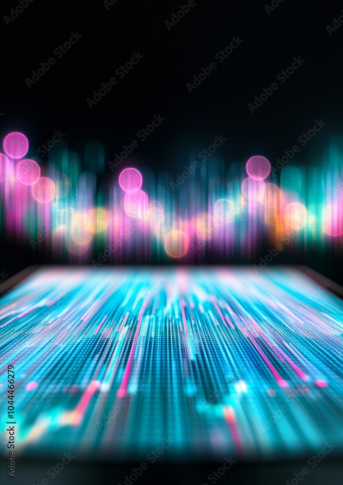 Poster vibrant close-up of business graphs on tablet screen with neon light effects