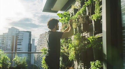 An urban gardener setting up a vertical garden system on a sunny apartment balcony