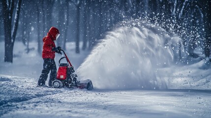 A person in a red jacket uses a snowblower to clear snow in a winter landscape.