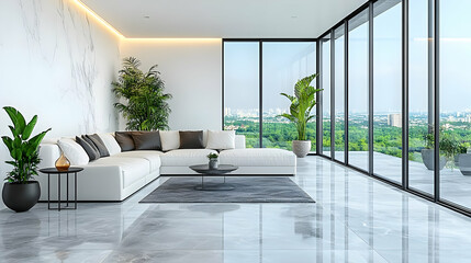 Fototapeta premium Modern Living Room Interior Design with White Sofa and Marble Floor