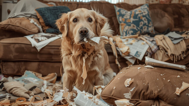 Golden retriever caught making a mess in the living room, surrounded by shredded newspapers and torn cushions, displaying a guilty yet playful expression. Image made using Generative AI.
