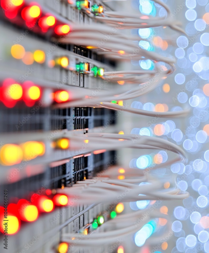 Poster abstract image of network cables and server rack with glowing lights and bokeh effect