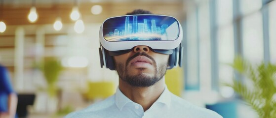 Modern Office VR Experience Professional Exploring Futuristic Business Solutions with Virtual Reality Headset