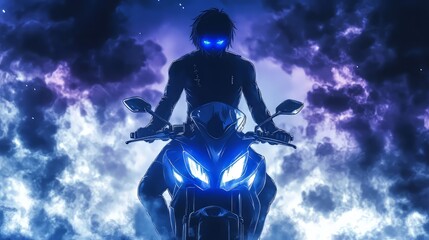 Fototapeta premium Anime muscular male, Blue glowing eyes and black hair, wearing black tracksuit, standing in front of a blue sports motorbike, with smoke effects