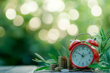 Financial Time Management, Red Alarm Clock and Coin Stacks on Vibrant Green Background