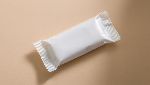 white packaging of chocolate or candy bar isolated on brown background