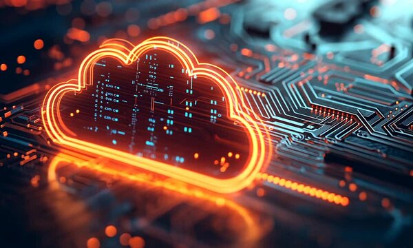 A glowing cloud icon on a circuit board background, symbolizing cloud computing technology.
