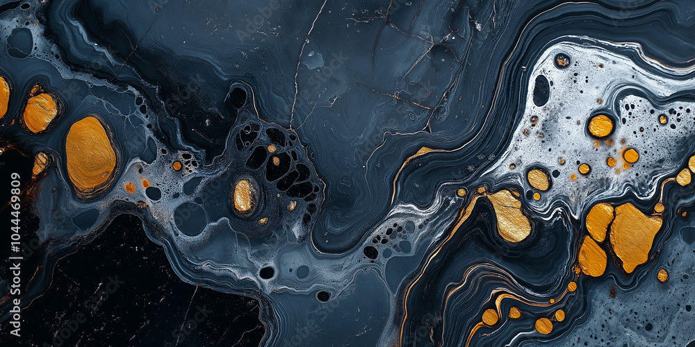 Poster stunning abstract design featuring dark blue and black marble textures with vibrant gold and orange 