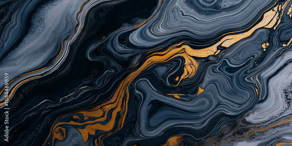 Poster elegant and dynamic, this abstract marble surface features swirling patterns of deep black, gray, an