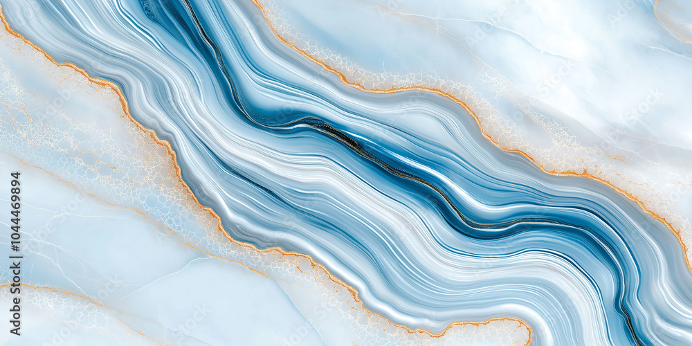 Fototapete Stunning blue and white marble surface with flowing patterns and golden accents, creating serene and elegant texture. Perfect for backgrounds and design projects