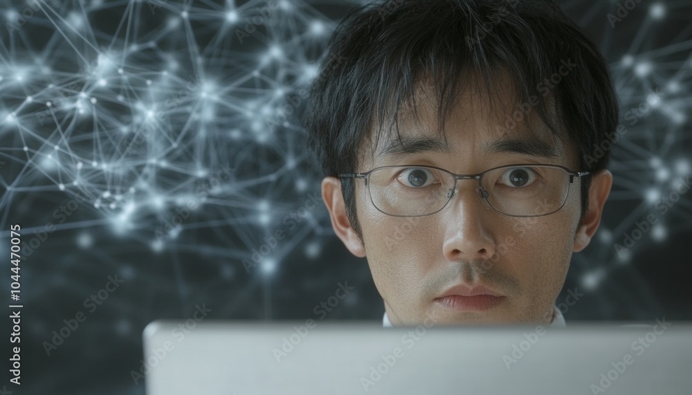 Poster Focused Korean Male Scientist Analyzing AI Data with Abstract Network Patterns in Lab at Night