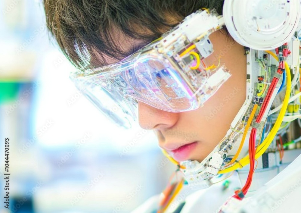 Poster male engineer assembling ai robot in abstract tech lab with futuristic design, afternoontime, determ