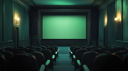 Obraz premium cinema auditorium with heads, chairs and green projection screen. Ready for adding your own picture